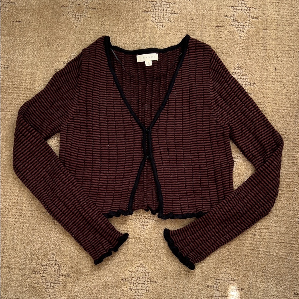 La Hearts Brown and Black Striped Cropped Cardigan